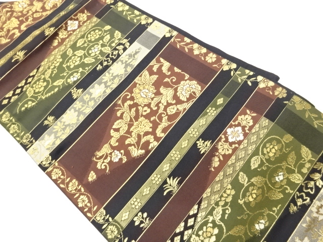 JAPANESE KIMONO / NAGOYA OBI / SILK / WOVEN STRIPE & FLORAL ARABESQUE